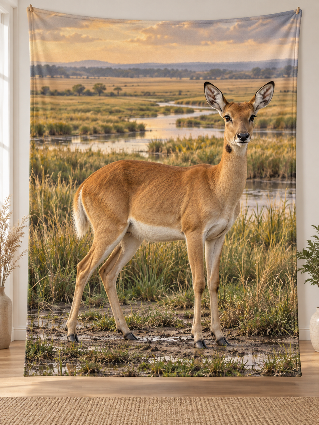 Bohor reedbuck among wet grasses before a deep level floodplain printed on a complete fleece blanket