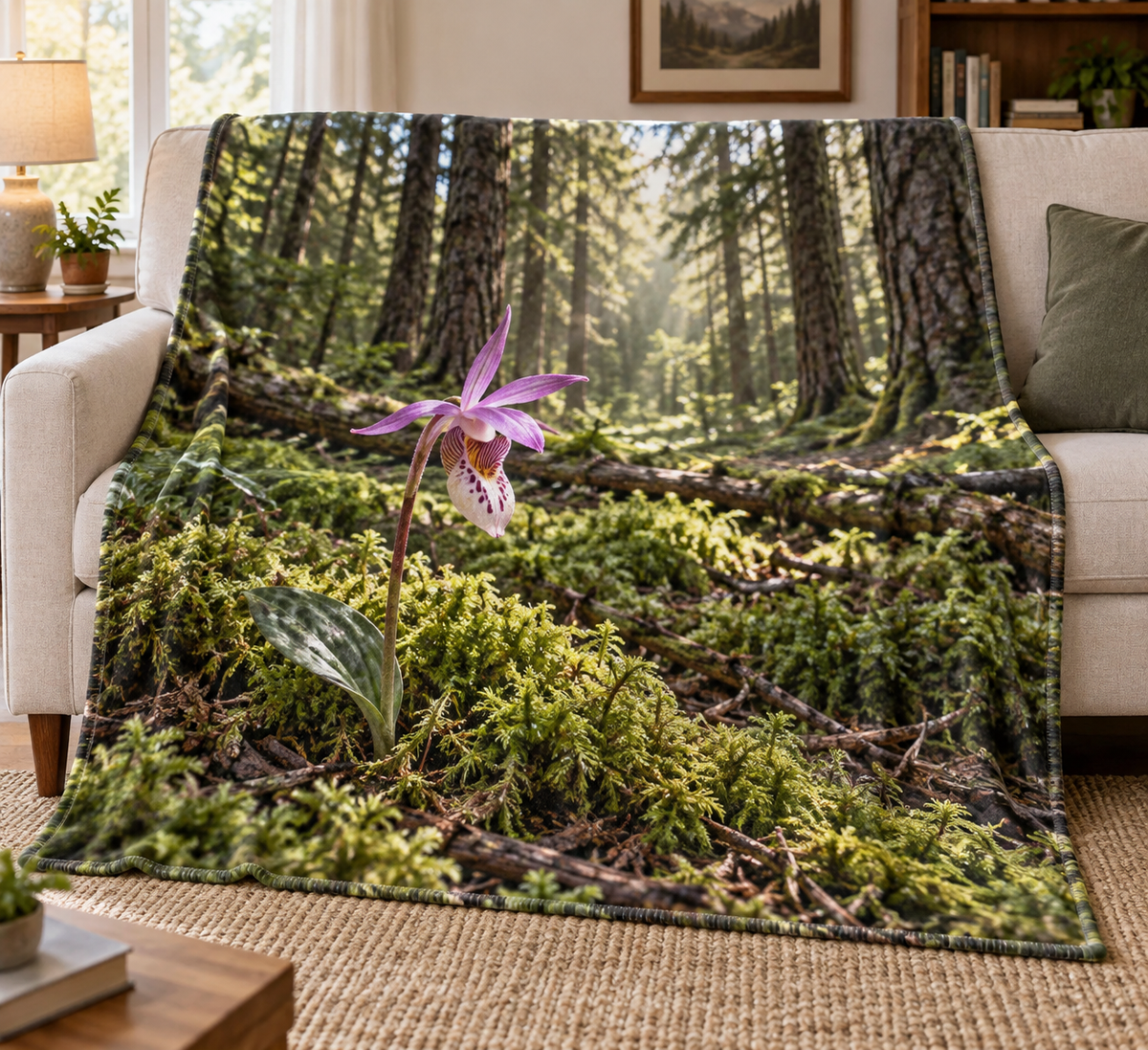 Pink calypso fairy slipper orchid with patterned lip among moss in woodland printed on complete fleece throw blanket