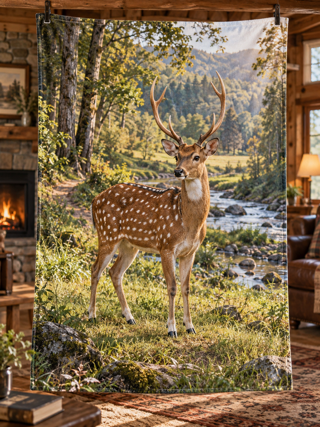 Spotted chital buck beside a deep woodland stream glade printed on a soft fleece throw blanket