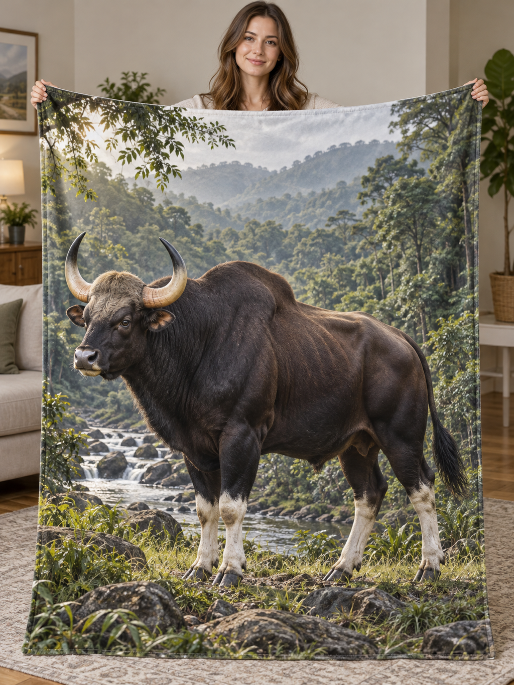 Dark gaur beside a deep forest stream printed on a complete soft fleece throw blanket