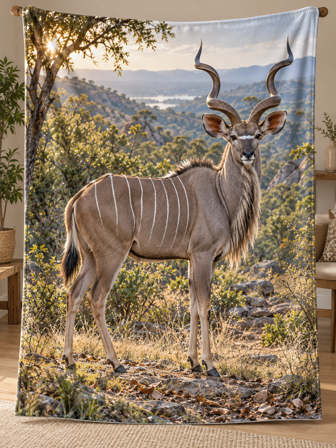 Greater kudu among grasses and rocks before deep woodland printed on a complete fleece blanket