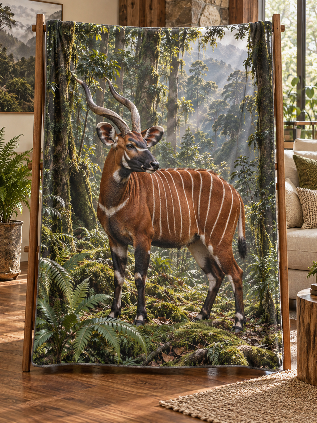 Chestnut mountain bongo with white stripes and spiral horns in a deep forest printed on a complete fleece throw blanket