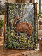 Chestnut mountain bongo with white stripes and spiral horns in a deep forest printed on a complete fleece throw blanket
