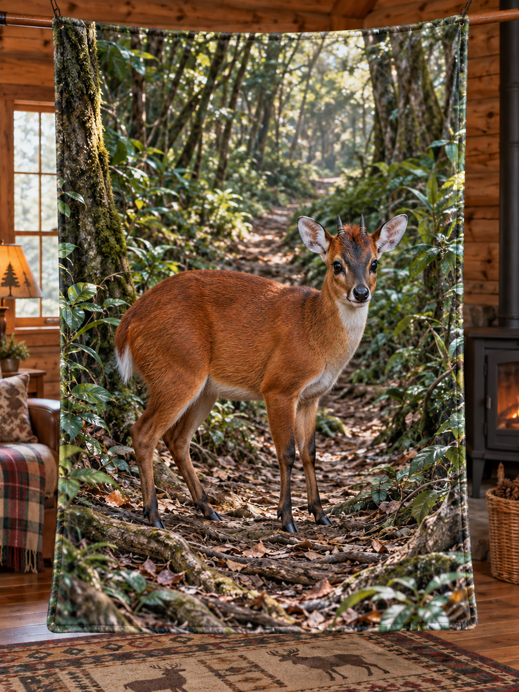Reddish Natal red duiker before a deep shrubby forest trail printed on a soft fleece throw blanket