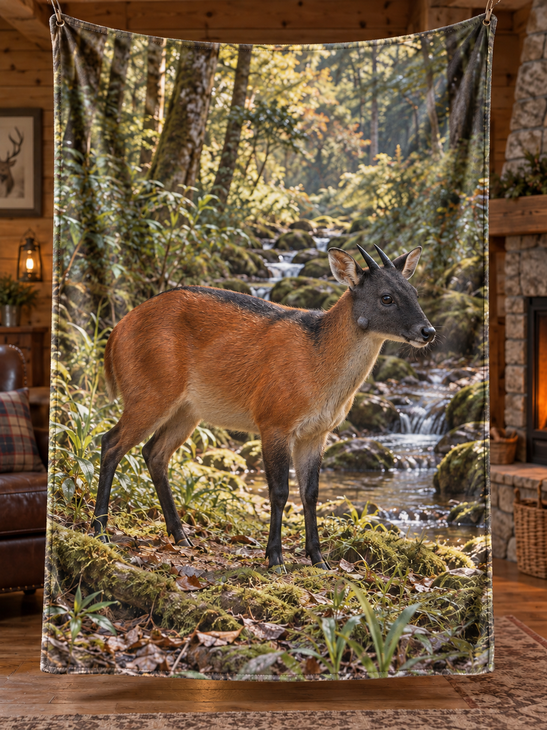 Orange-red red-flanked duiker with charcoal face beside a deep woodland stream printed on a soft fleece throw