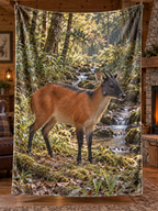 Orange-red red-flanked duiker with charcoal face beside a deep woodland stream printed on a soft fleece throw