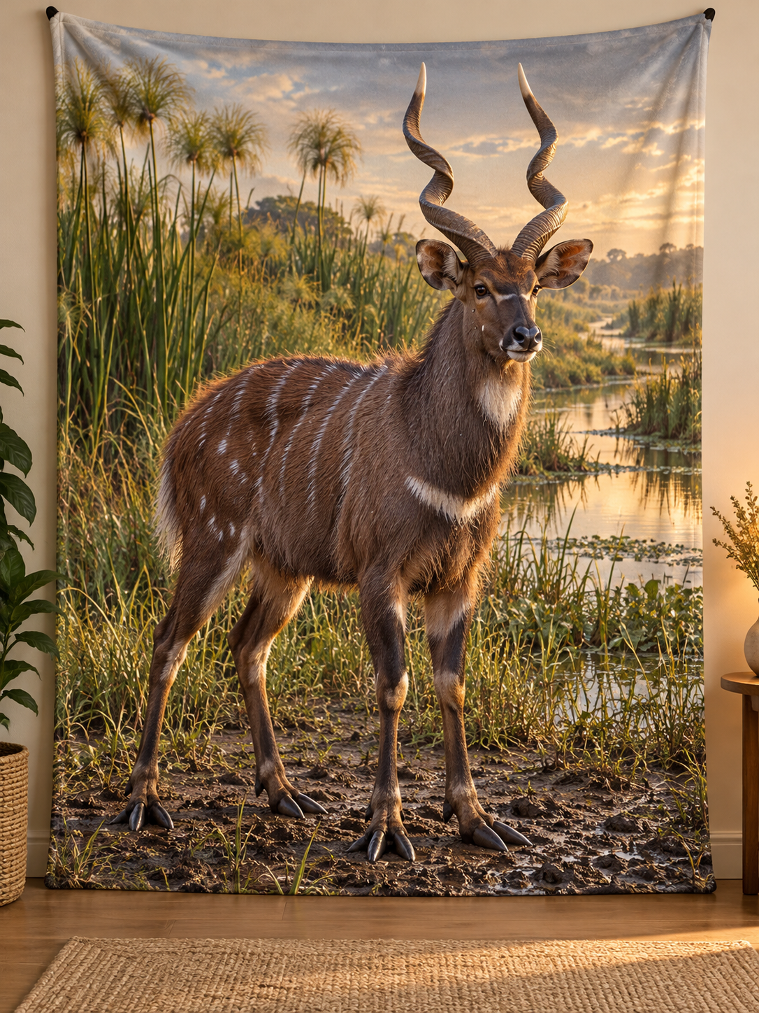 Sitatunga on a muddy marsh margin before deep papyrus wetland printed on a complete fleece blanket