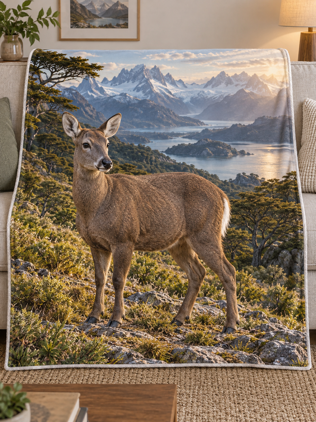 Female southern huemul above deep mountain lake and woodland layers printed on a soft fleece throw blanket