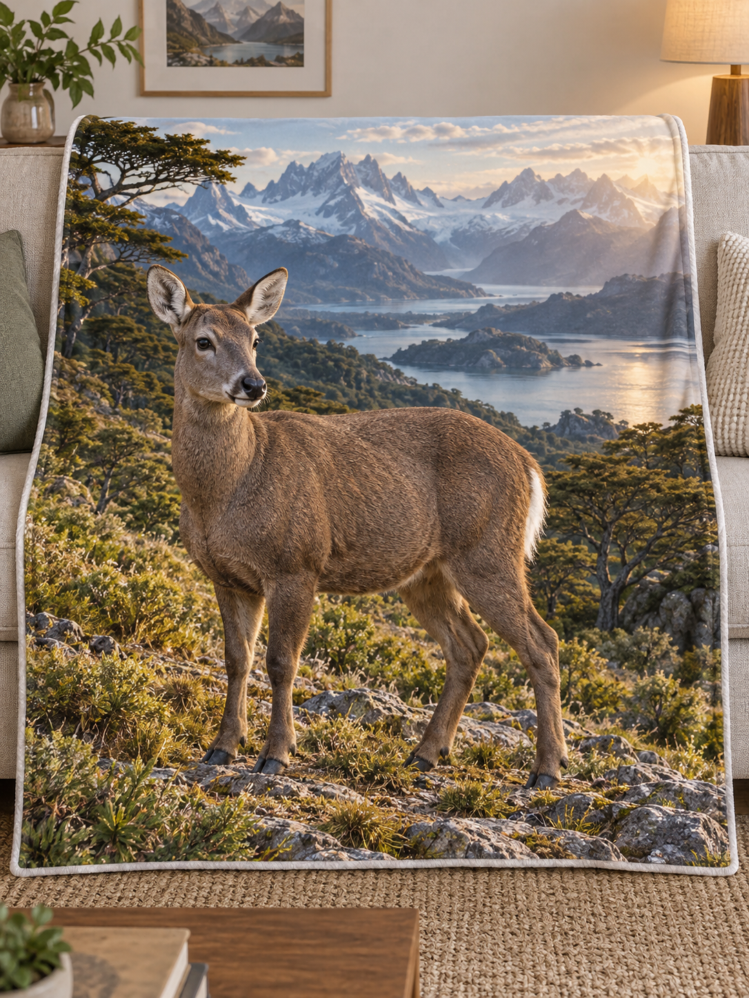 Female southern huemul above deep mountain lake and woodland layers printed on a soft fleece throw blanket