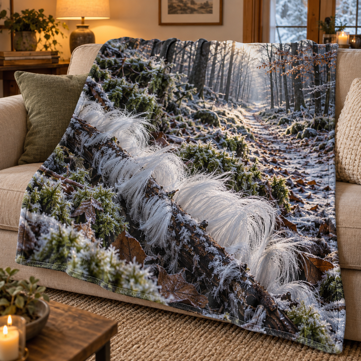 Fine white hair ice curls on a woodland branch beside a frosty path printed on a complete fleece throw blanket