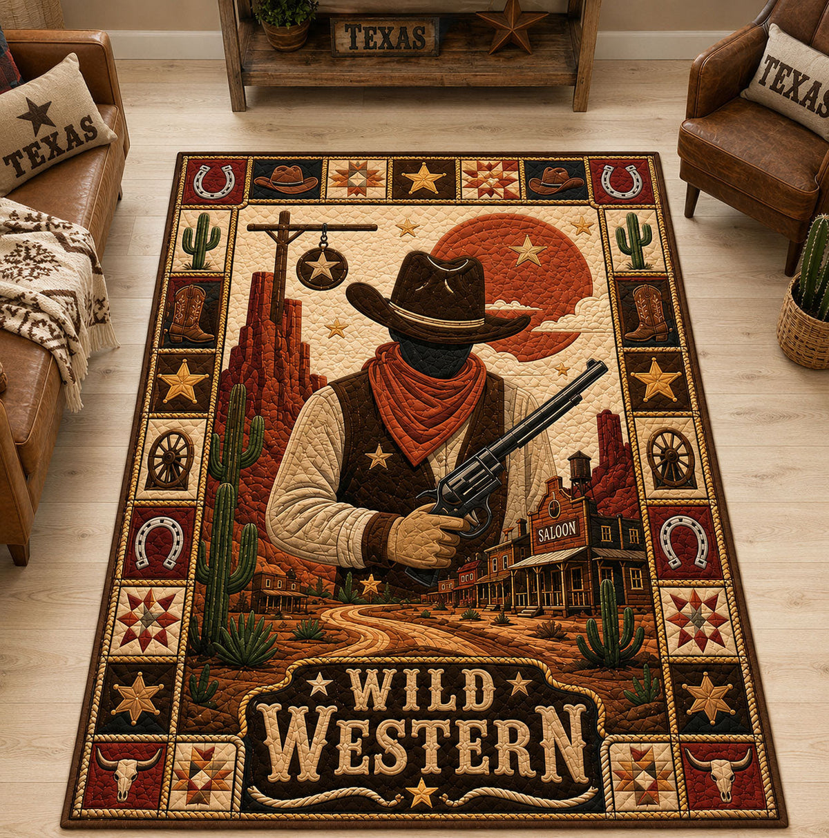 Faceless Western Cowboy area rug in a living room