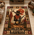 Faceless Western Cowboy area rug in a living room