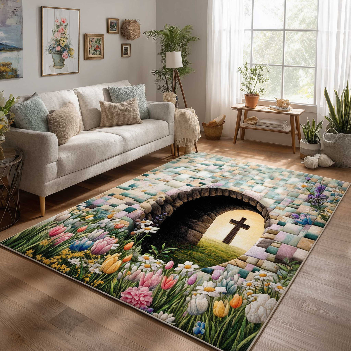 Faith Easter area rug in a living room