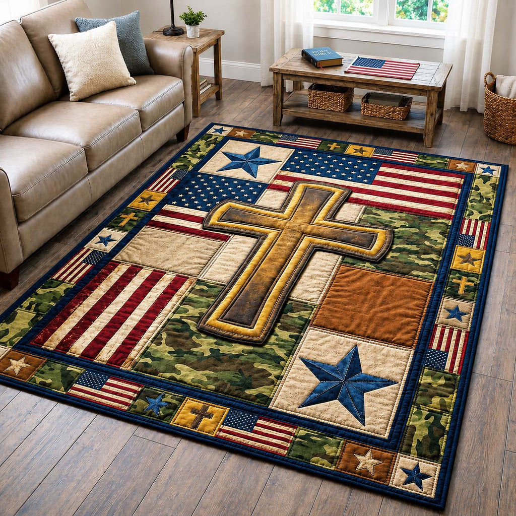 Faith Flag Cross area rug in a living room