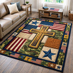 Faith Flag Cross area rug in a living room