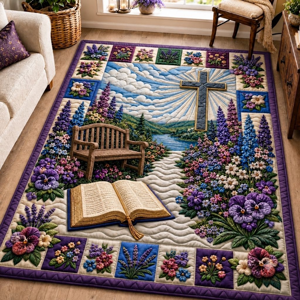 Faith Hope Grace area rug in a living room