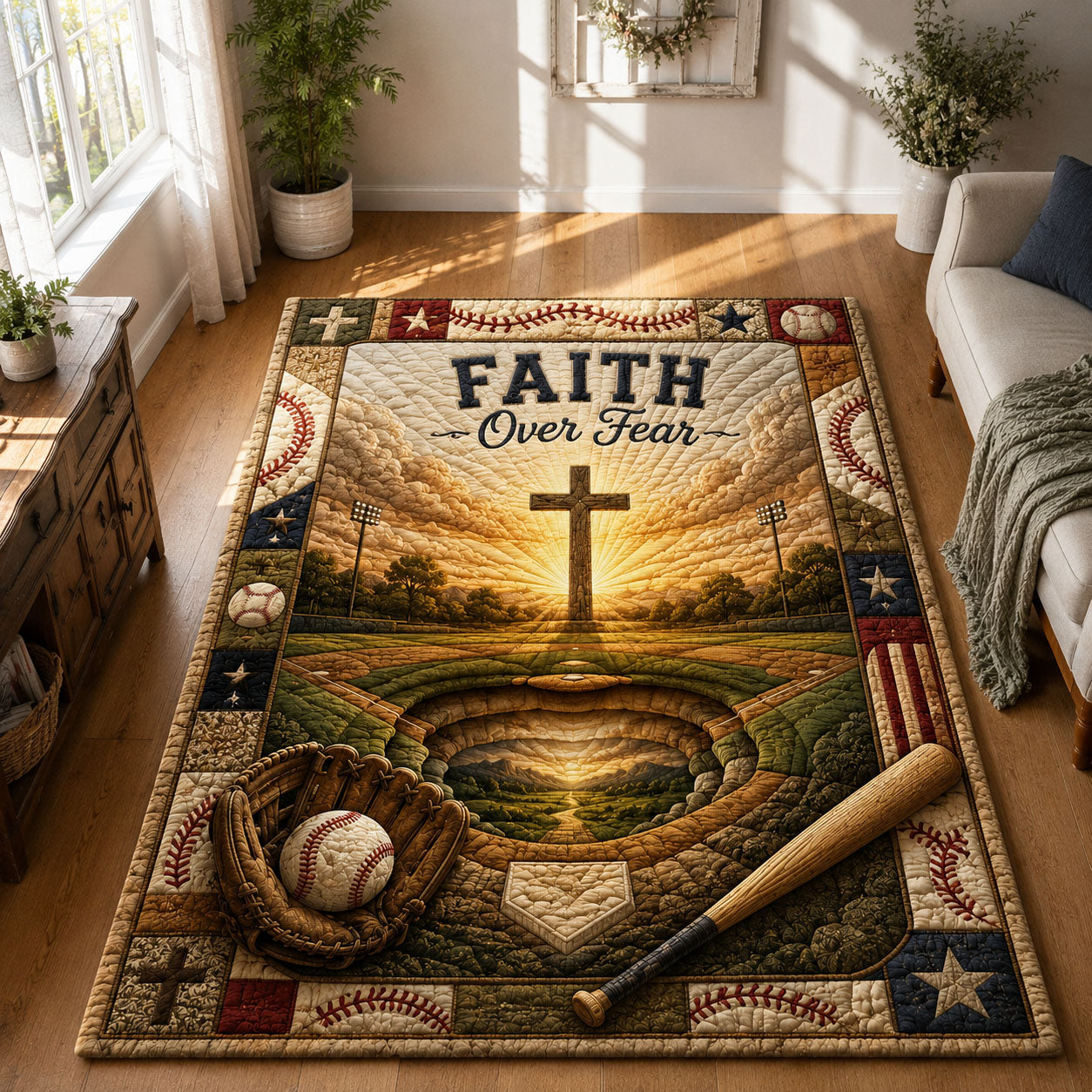 Faith Over Fear Christian Baseball area rug in a living room