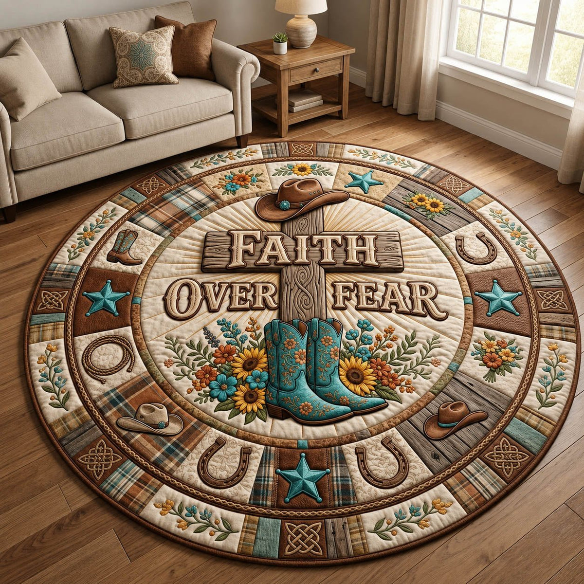 Faith Over Fear Round Mat Rug - washable non-slip printed rug