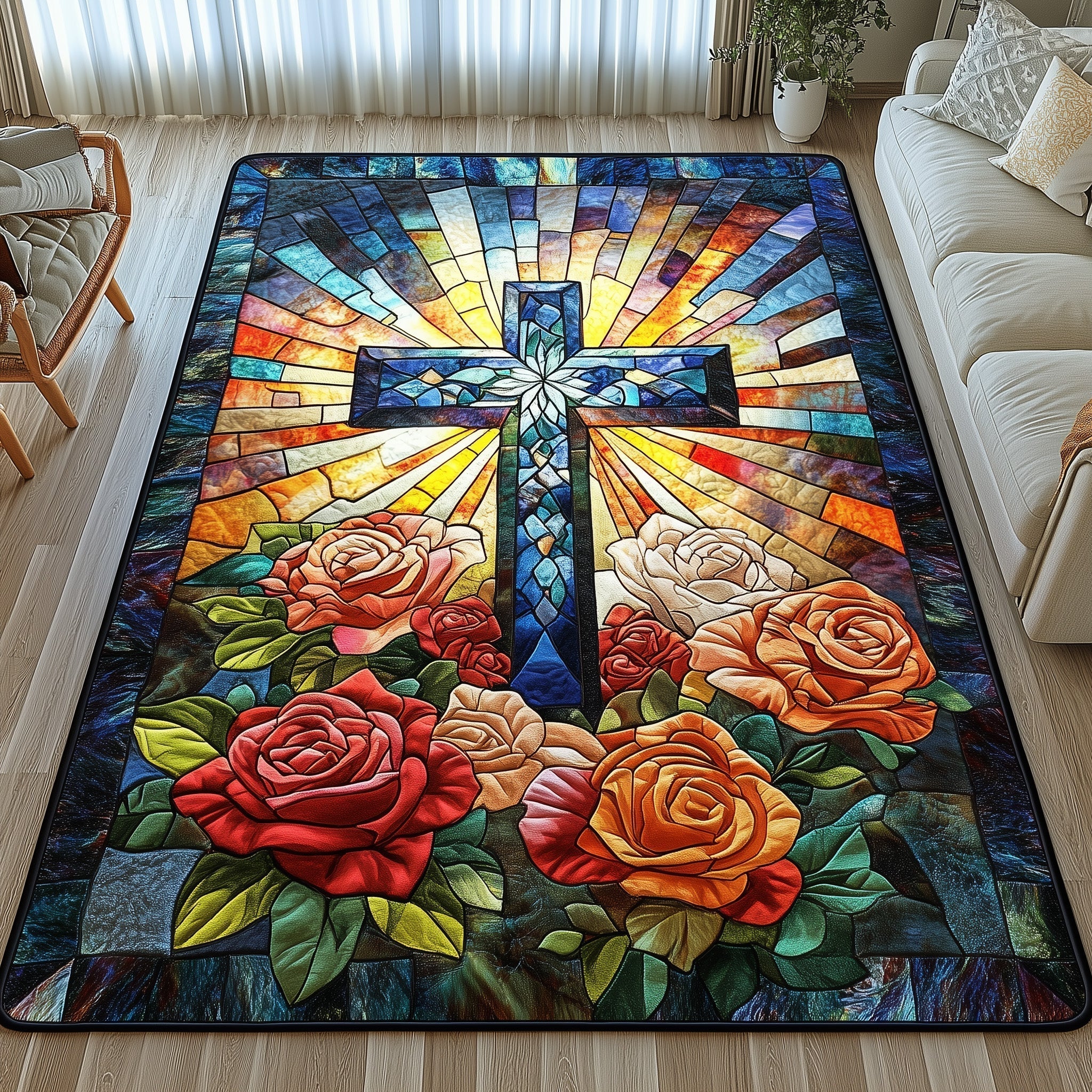 Faithful Blossom area rug in a living room