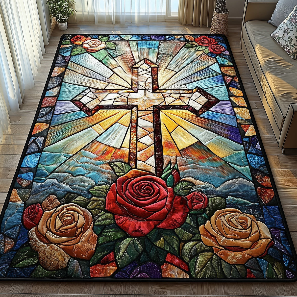 Faithful Cross area rug in a living room