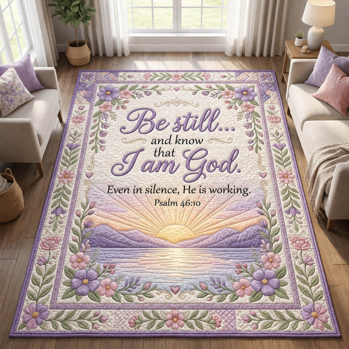 Faithful Floral Bible Verse area rug in a living room