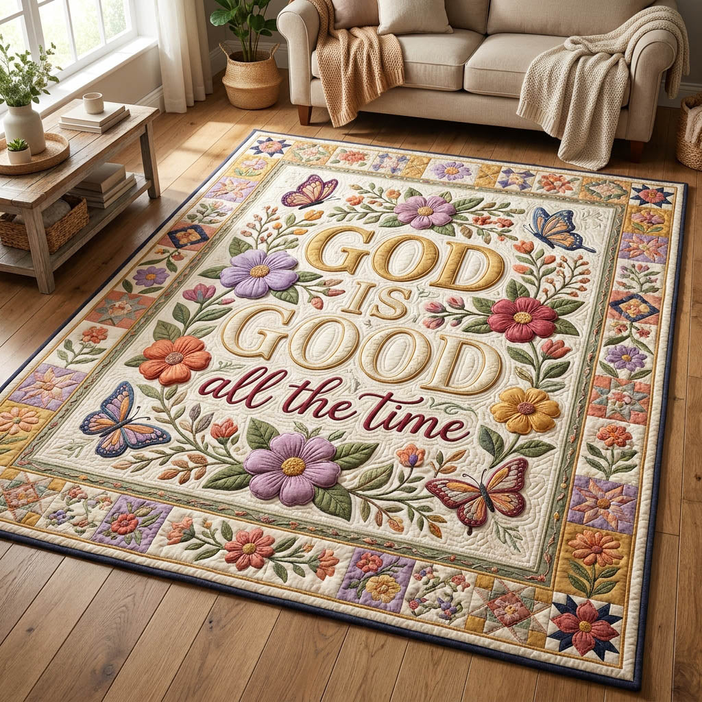 Faithful Floral Bible Verse area rug in a living room