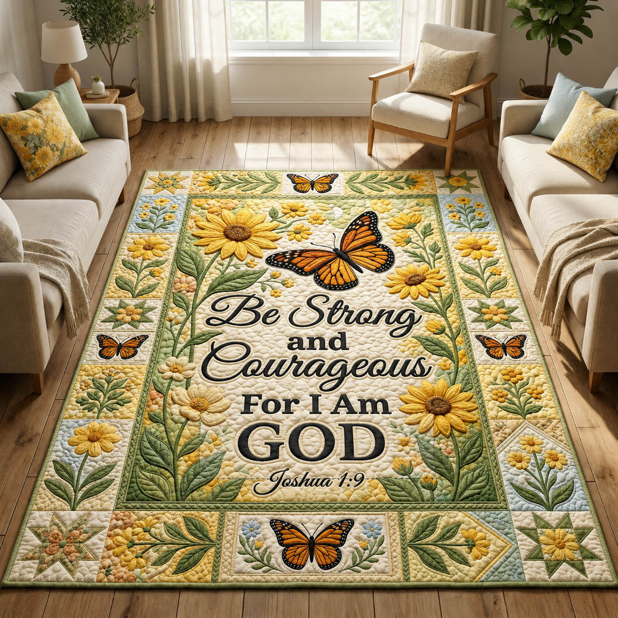 Faithful Floral Bible Verse area rug in a living room
