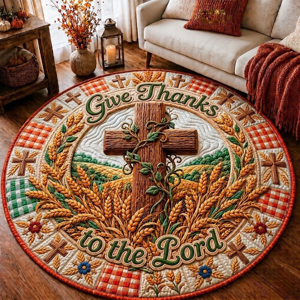 Faithful Harvest Round Mat Rug - Nature Design | Serene Home Decor - washable non-slip printed rug