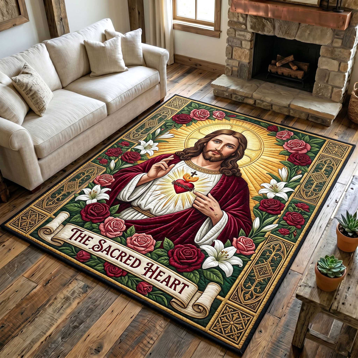 Faithful Savior area rug in a living room