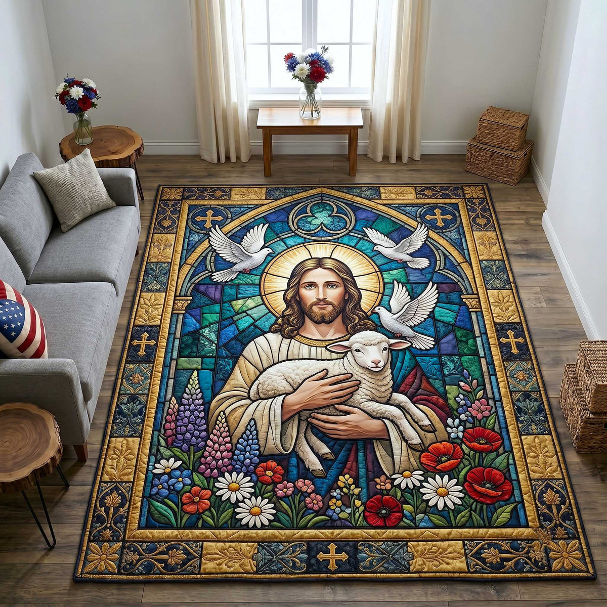 Faithful Savior area rug in a living room