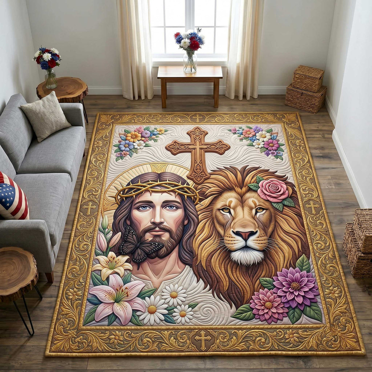 Faithful Savior area rug in a living room