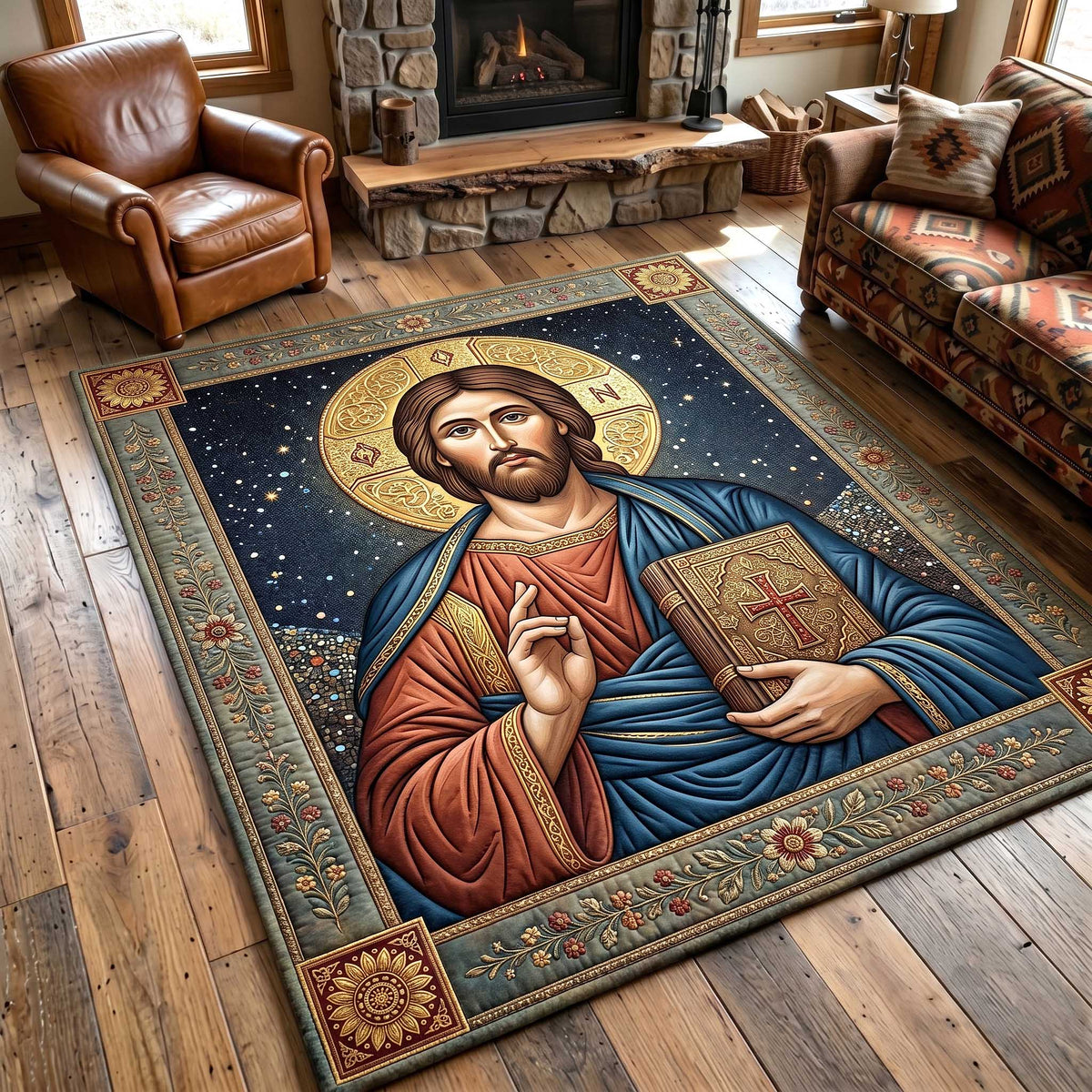 Faithful Savior area rug in a living room