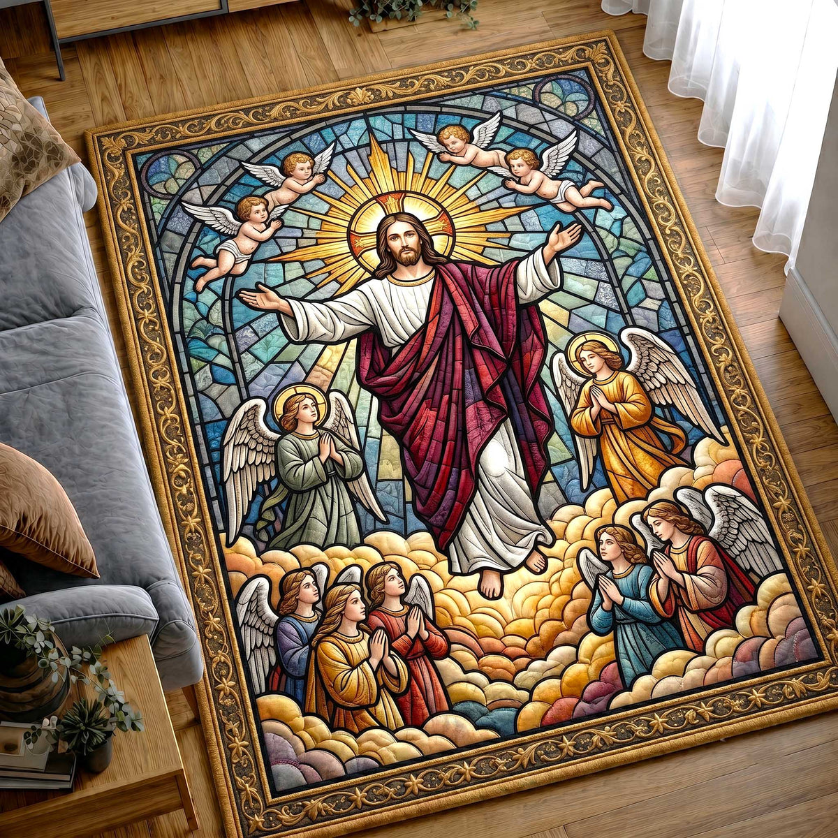 Faithful Savior area rug in a living room