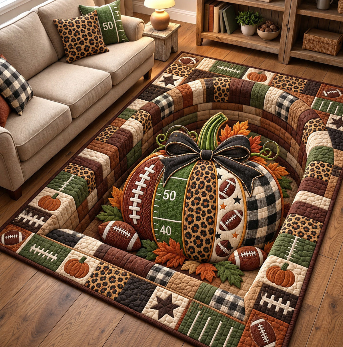 Fall Football Pumpkin area rug in a living room