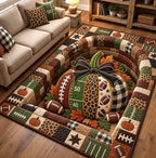 Fall Football Pumpkin area rug in a living room