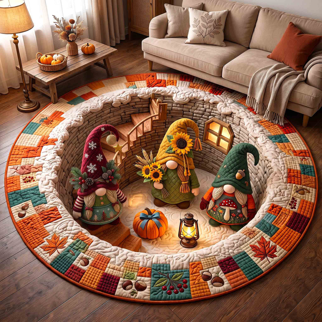 Fall Gnome Round Mat Rug - Nature Design | Nature Round Rug - washable non-slip printed rug