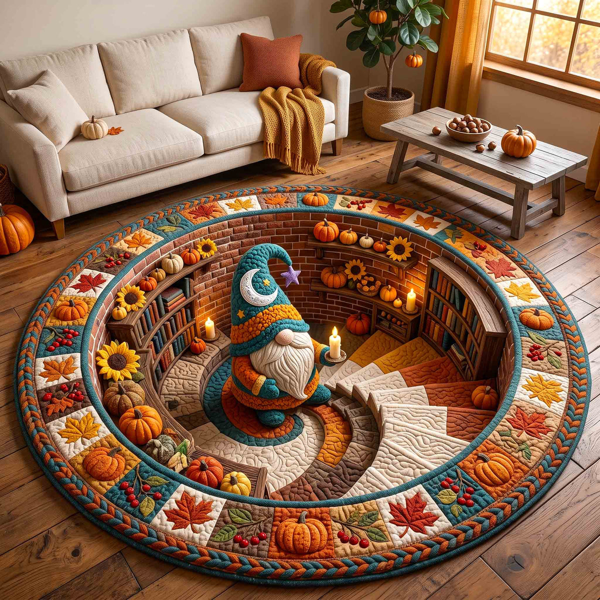 Fall Gnome Round Mat Rug - Nature Design | Nature Round Carpet - washable non-slip printed rug
