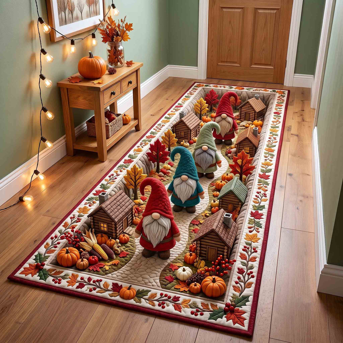 Fall Gnome Runner Rug - Nature Design | Nature Rug Runner - washable non-slip printed rug