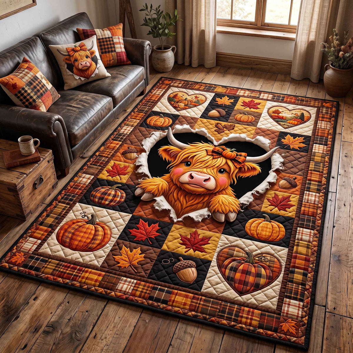 Fall Highland Cow area rug in a living room