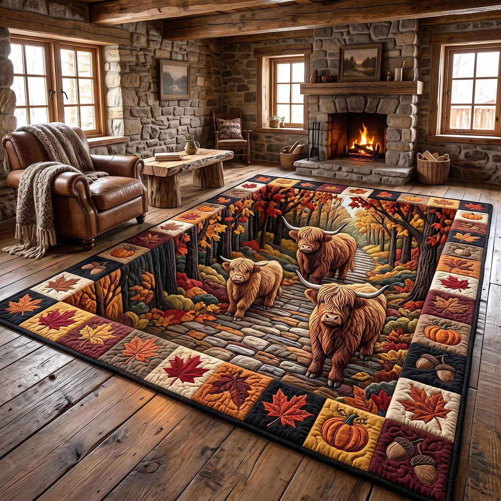 Fall Highland Cow area rug in a living room