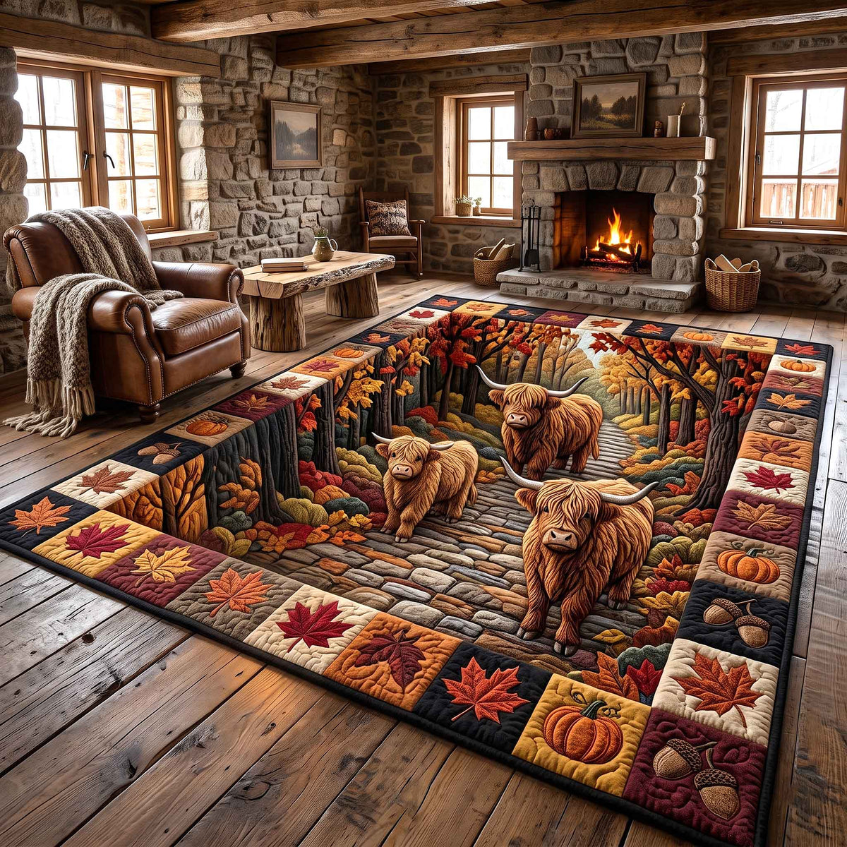 Fall Highland Cow area rug in a living room