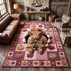 Fall Highland Cow area rug in a living room