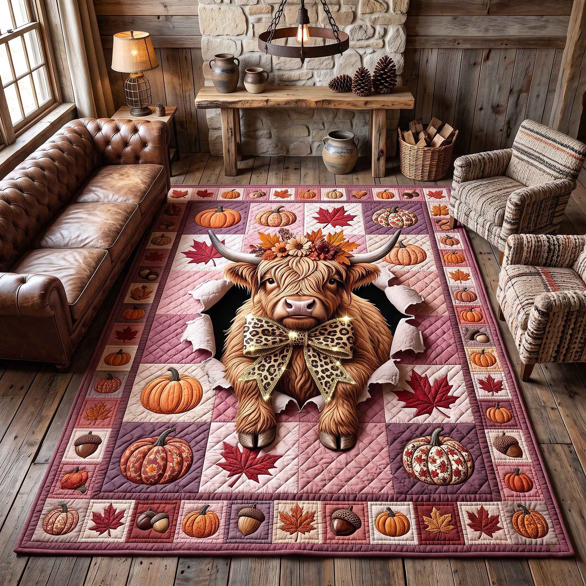 Fall Highland Cow area rug in a living room