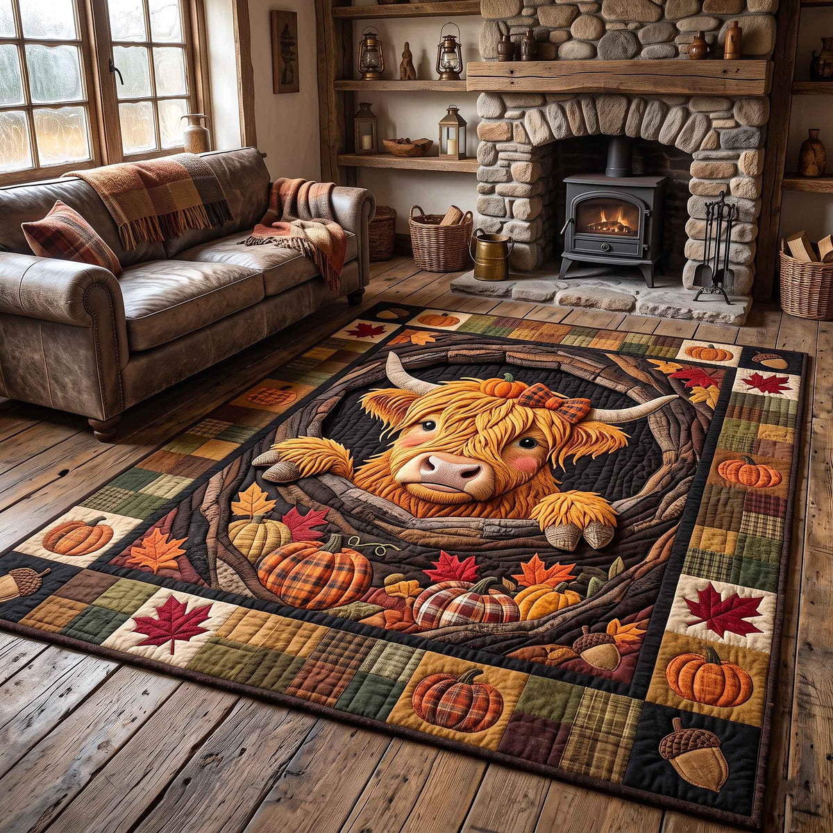 Fall Highland Cow area rug in a living room