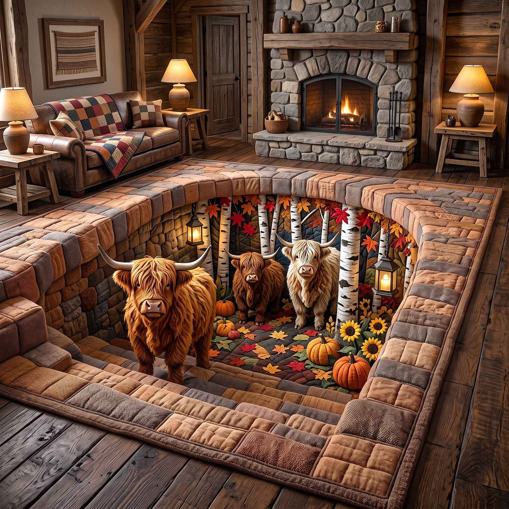 Fall Highland Cow area rug in a living room