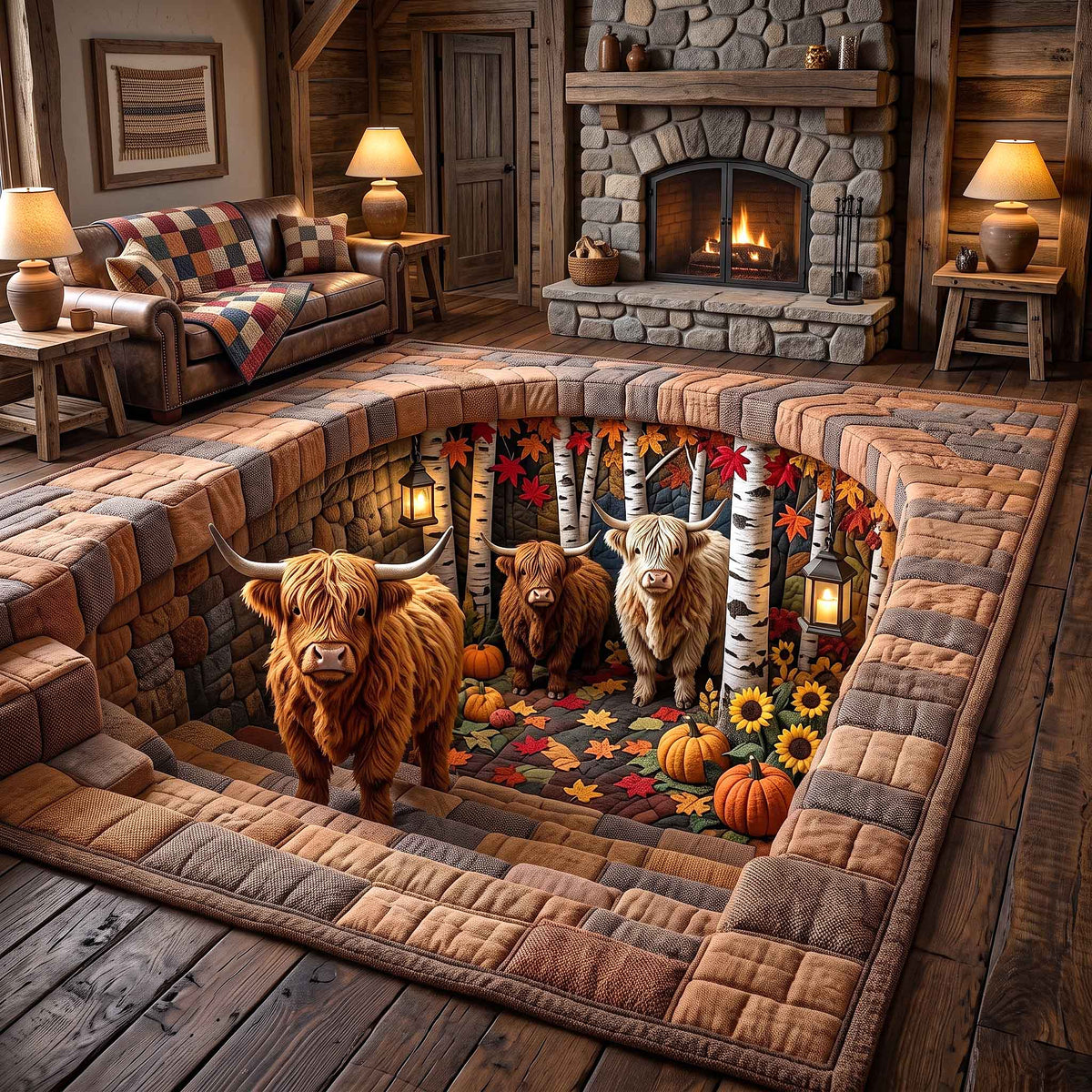 Fall Highland Cow area rug in a living room