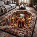 Fall Highland Cow area rug in a living room