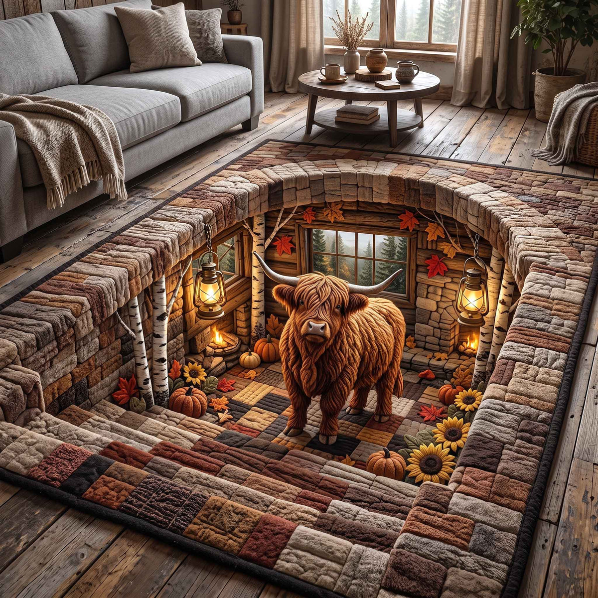 Fall Highland Cow area rug in a living room