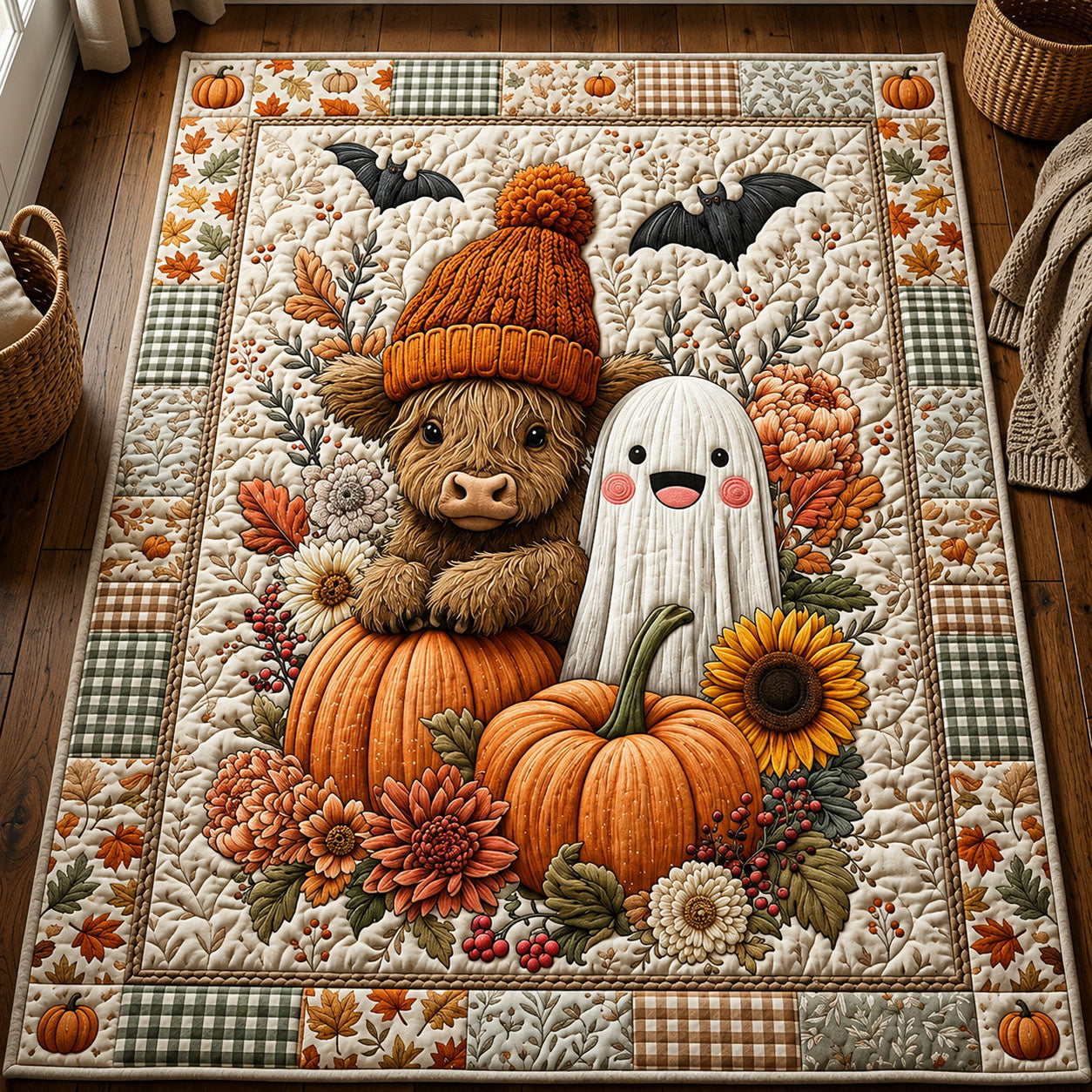 Fall Highland Cow With Ghost area rug in a living room