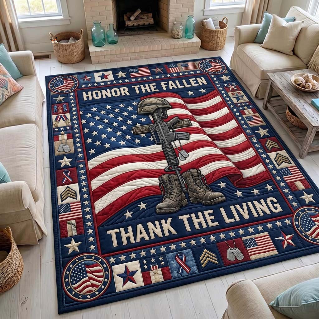 Fallen Hero area rug in a living room